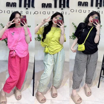 Sét bộ nữ áo cotton khô 3158 mix quần kẻ baggy_Cún