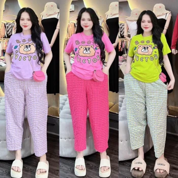 Sét bộ nữ áo cotton khô 3158 mix quần kẻ baggy_BOO
