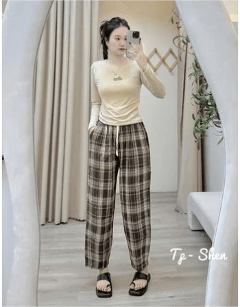 Sét bộ nữ áo chất tăm thái mix quần kẻ baggy kẻ dạ_Hello